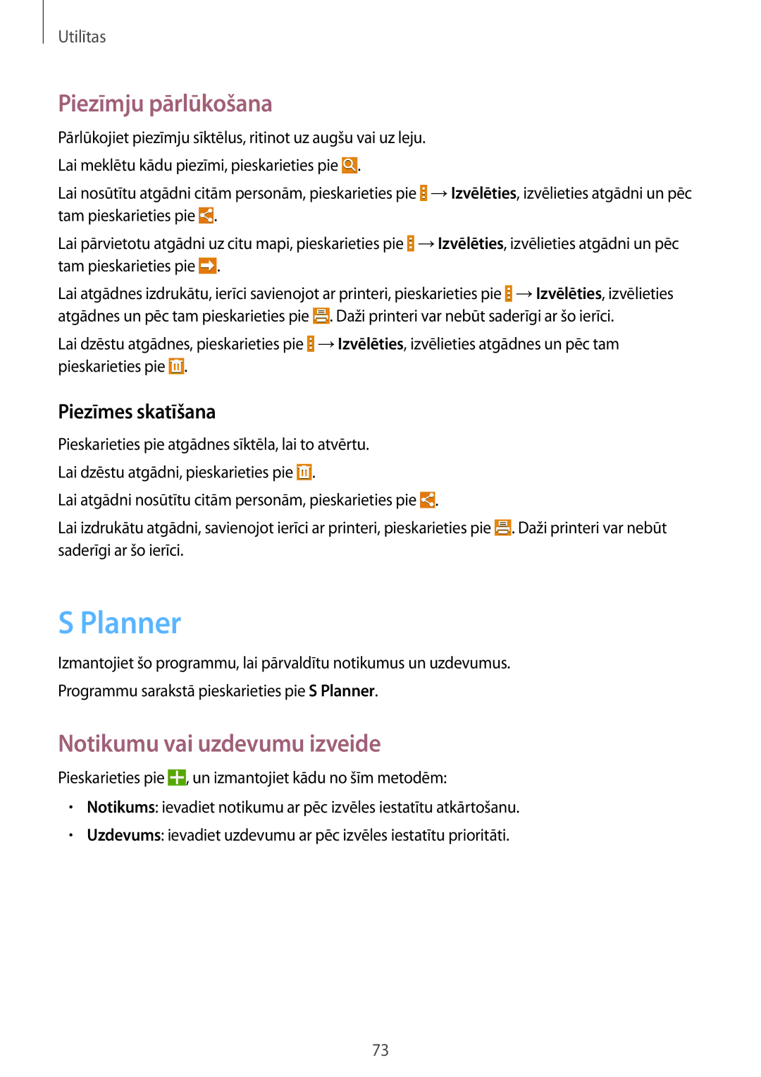 Samsung SM-T360NNGASEB manual Planner, Piezīmju pārlūkošana, Notikumu vai uzdevumu izveide, Piezīmes skatīšana 