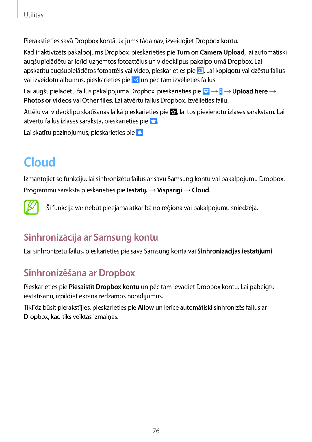 Samsung SM-T360NNGASEB manual Cloud, Sinhronizācija ar Samsung kontu, Sinhronizēšana ar Dropbox 