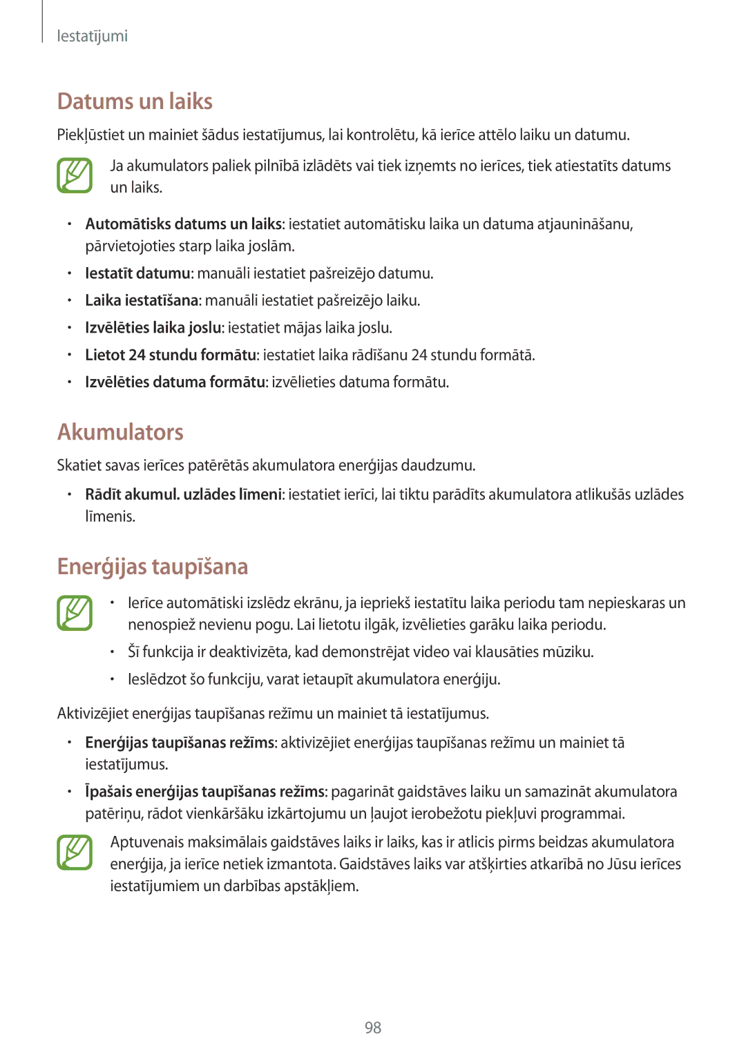 Samsung SM-T360NNGASEB manual Datums un laiks, Akumulators, Enerģijas taupīšana 