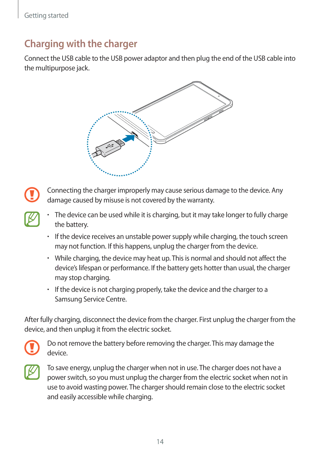 Samsung SM-T360NNGAXEZ, SM-T360NNGAXEF, SM-T360NNGAITV, SM-T360NNGAPHE, SM-T360NNGATPH manual Charging with the charger 