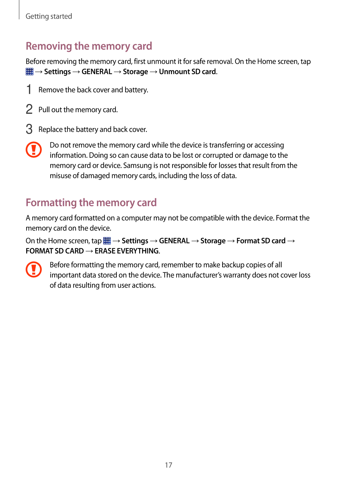 Samsung SM-T360NNGASER, SM-T360NNGAXEF, SM-T360NNGAITV, SM-T360NNGAPHE Removing the memory card, Formatting the memory card 