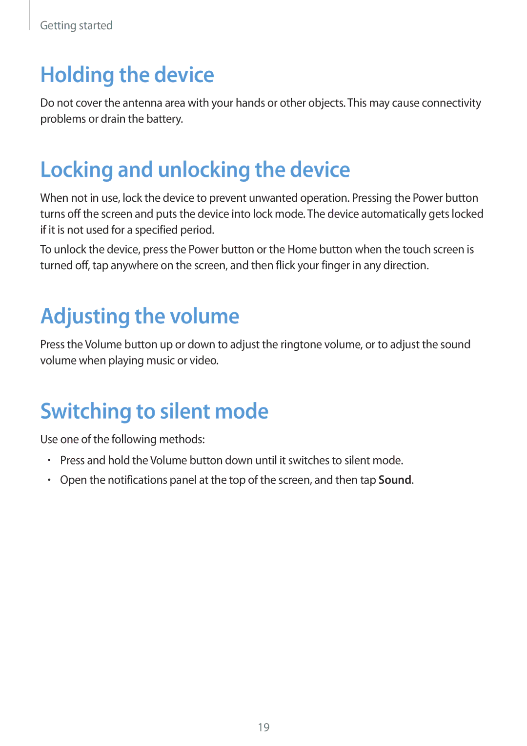 Samsung SM-T360NNGAITV, SM-T360NNGAXEF manual Holding the device, Locking and unlocking the device, Adjusting the volume 