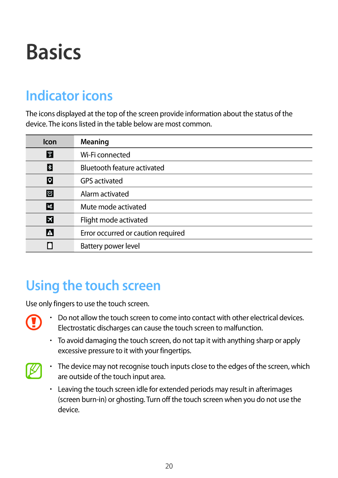 Samsung SM-T360NNGAPHE, SM-T360NNGAXEF, SM-T360NNGAITV, SM-T360NNGATPH manual Basics, Indicator icons, Using the touch screen 