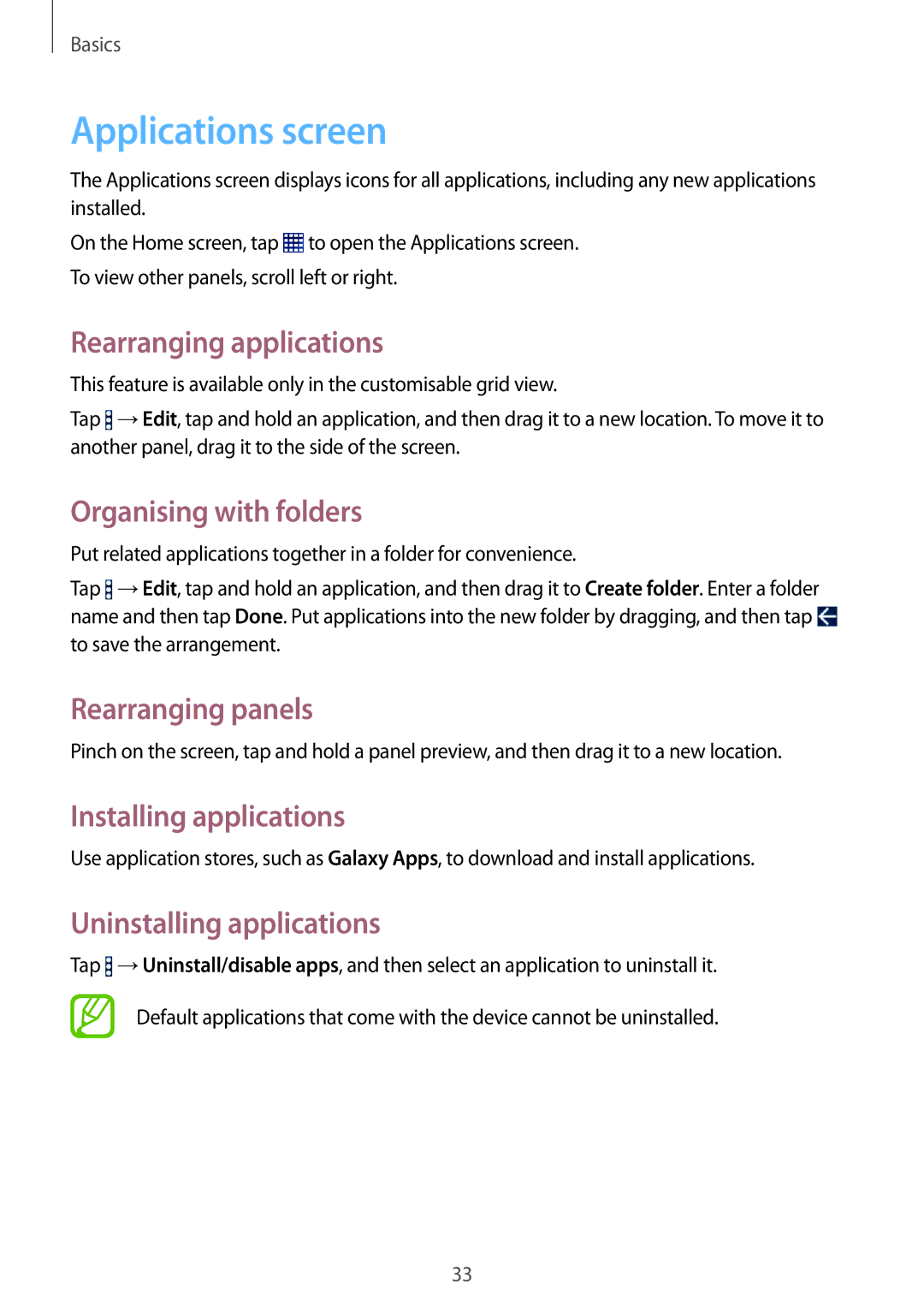 Samsung SM-T360NNGANEE Applications screen, Rearranging applications, Organising with folders, Installing applications 