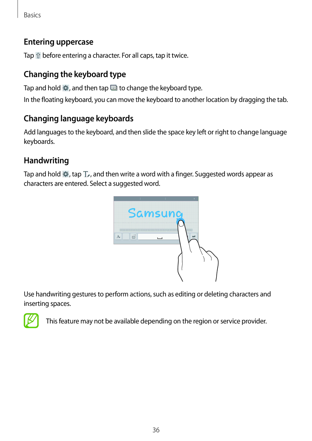 Samsung SM-T360NNGAXEF manual Entering uppercase, Changing the keyboard type, Changing language keyboards, Handwriting 