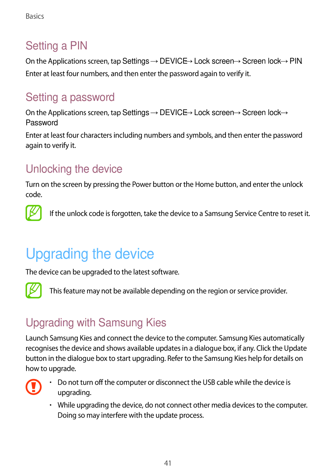 Samsung SM-T360NNGAXEZ, SM-T360NNGAXEF manual Upgrading the device, Setting a PIN, Setting a password, Unlocking the device 