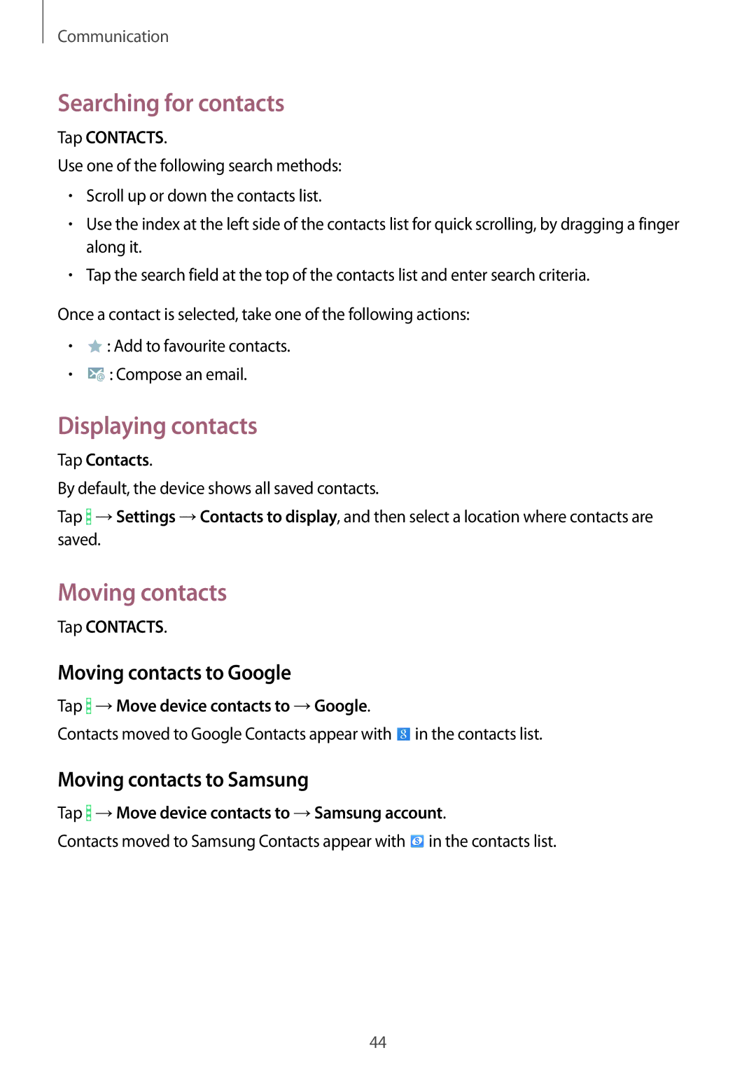 Samsung SM-T360NNGASER, SM-T360NNGAXEF manual Searching for contacts, Displaying contacts, Moving contacts to Google 