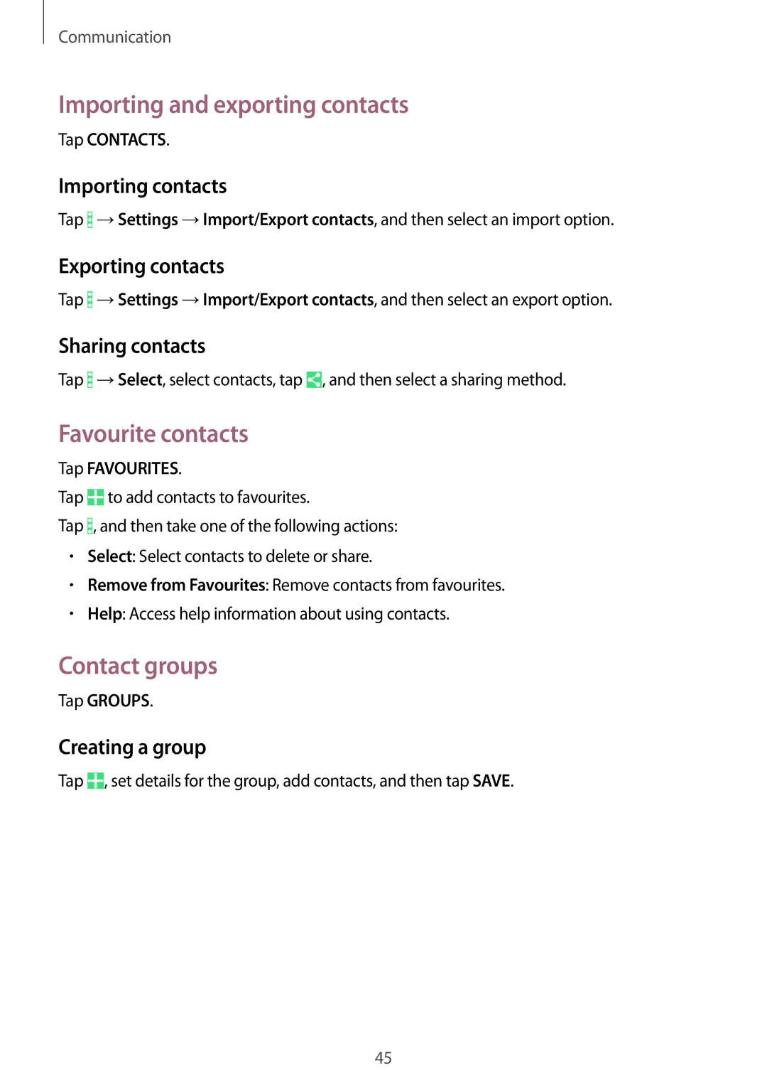 Samsung SM-T360NNGAXEF, SM-T360NNGAITV, SM-T360NNGAPHE Importing and exporting contacts, Favourite contacts, Contact groups 