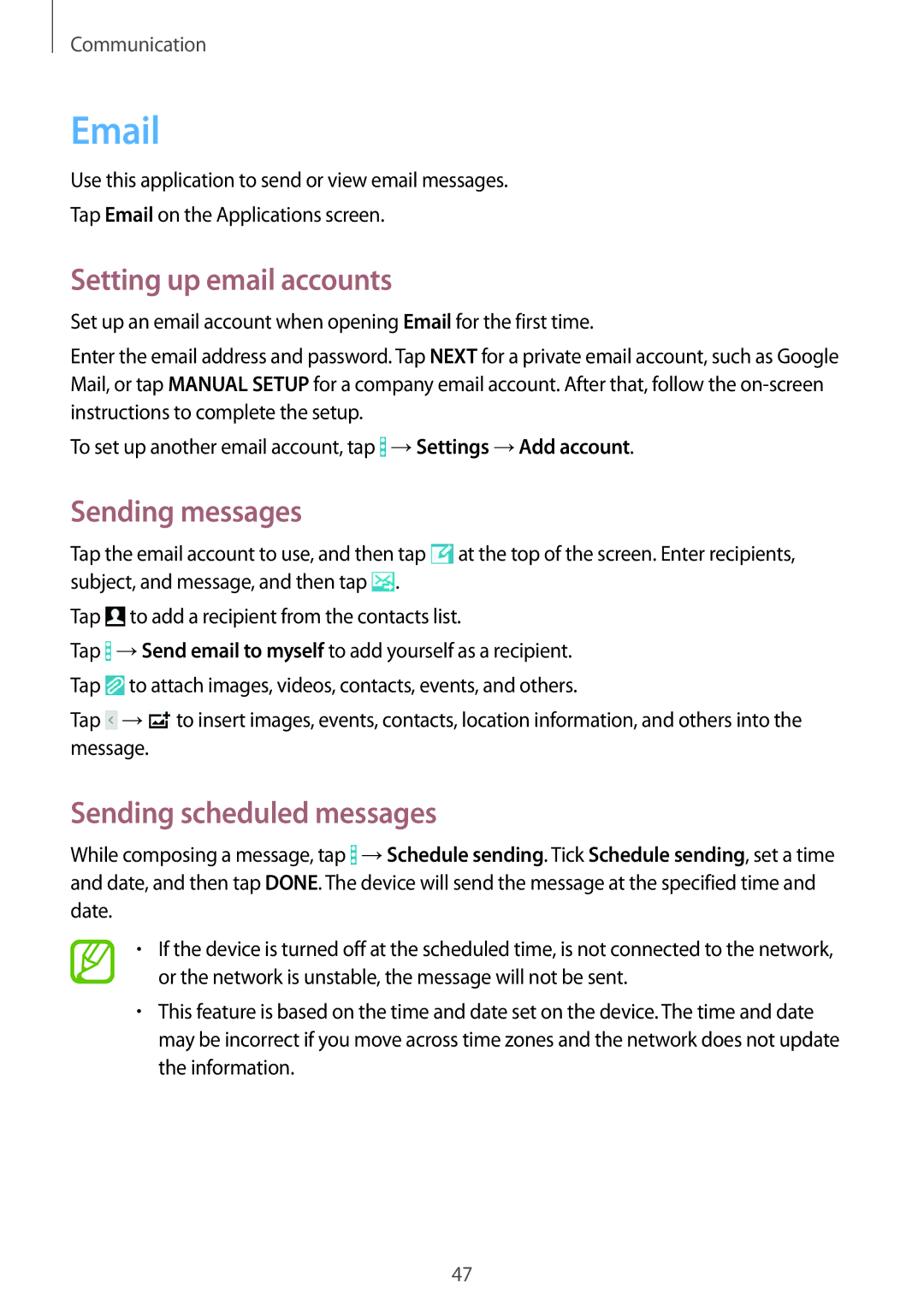 Samsung SM-T360NNGAPHE, SM-T360NNGAXEF manual Setting up email accounts, Sending messages, Sending scheduled messages 