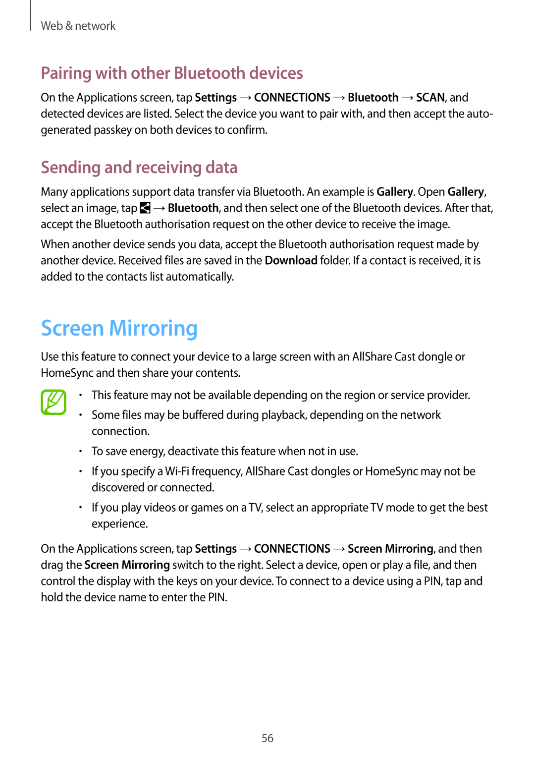 Samsung SM-T360NNGAPHE, SM-T360NNGAXEF Screen Mirroring, Pairing with other Bluetooth devices, Sending and receiving data 