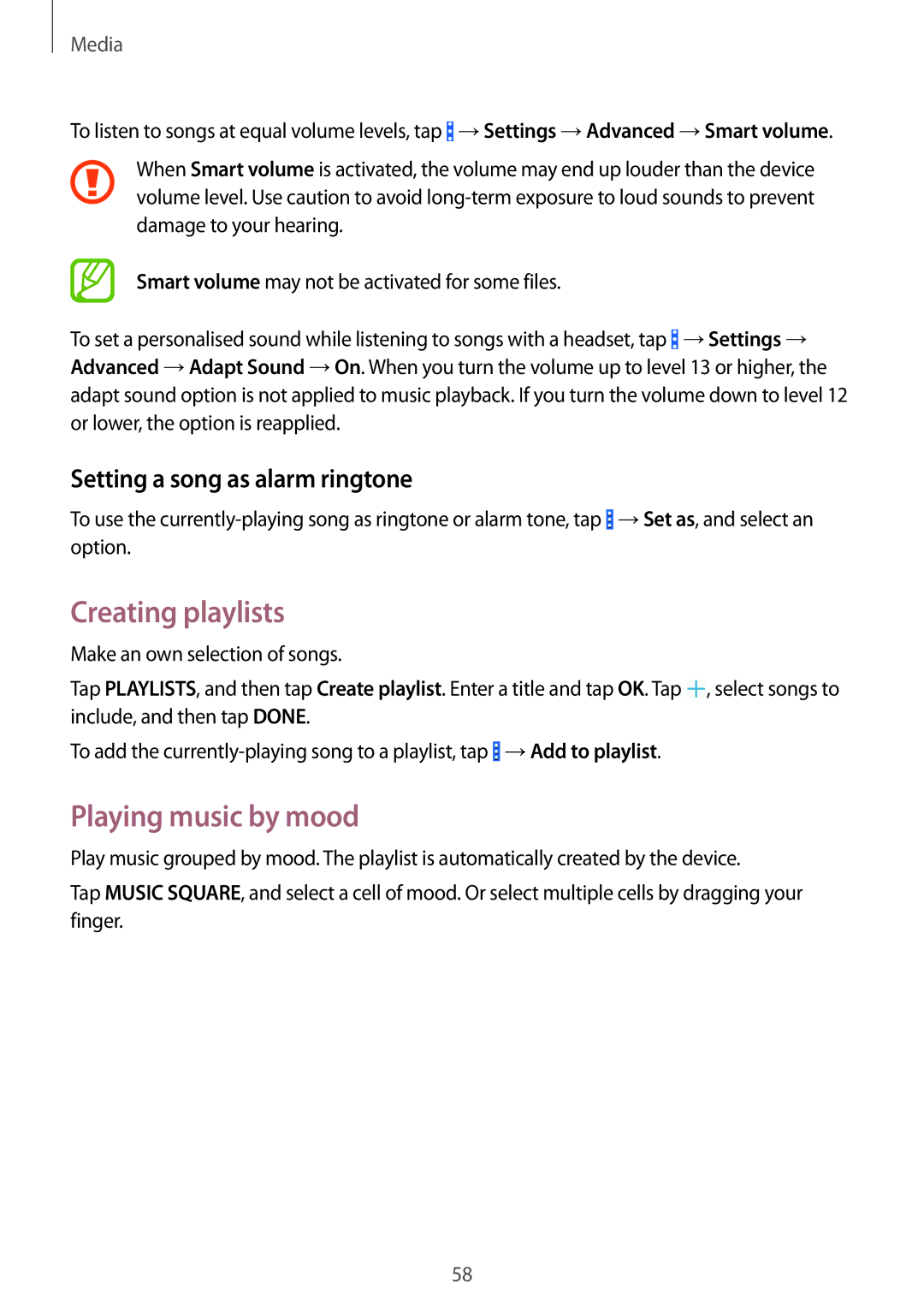 Samsung SM-T360NNGAXSK, SM-T360NNGAXEF manual Creating playlists, Playing music by mood, Setting a song as alarm ringtone 
