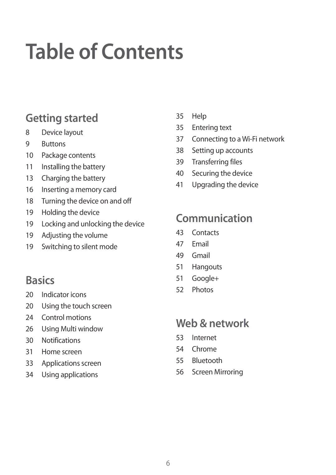 Samsung SM-T360NNGANEE, SM-T360NNGAXEF, SM-T360NNGAITV, SM-T360NNGAPHE, SM-T360NNGATPH, SM-T360NNGAXSK manual Table of Contents 