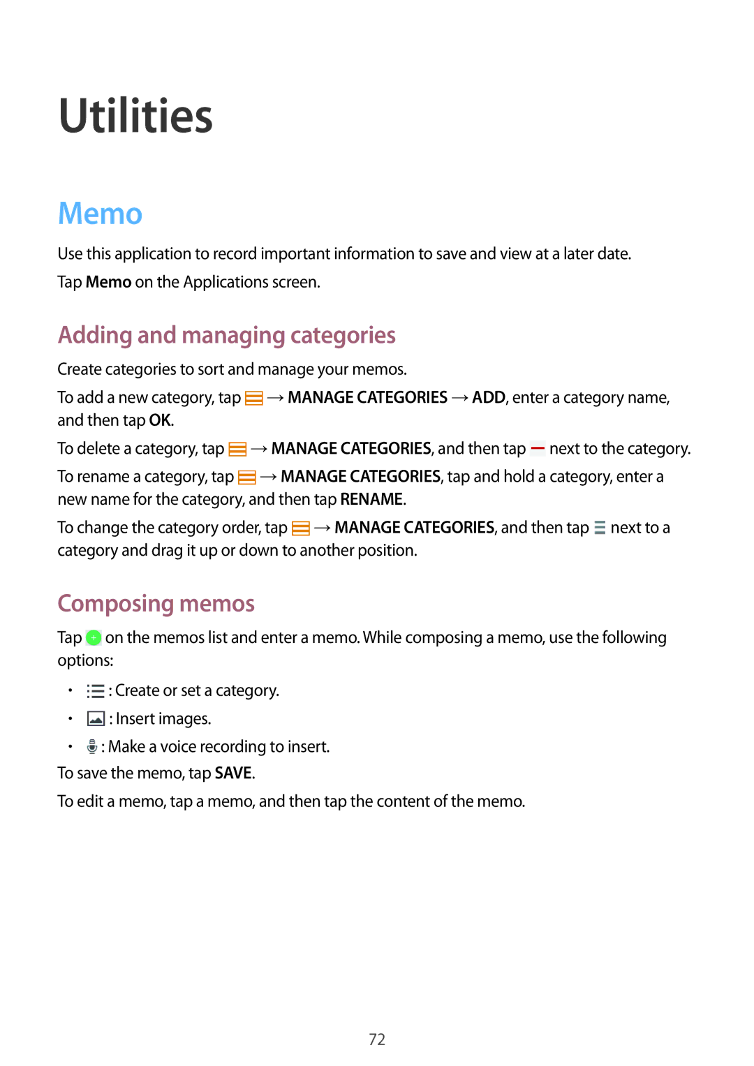 Samsung SM-T360NNGAXEF, SM-T360NNGAITV, SM-T360NNGAPHE Utilities, Memo, Adding and managing categories, Composing memos 