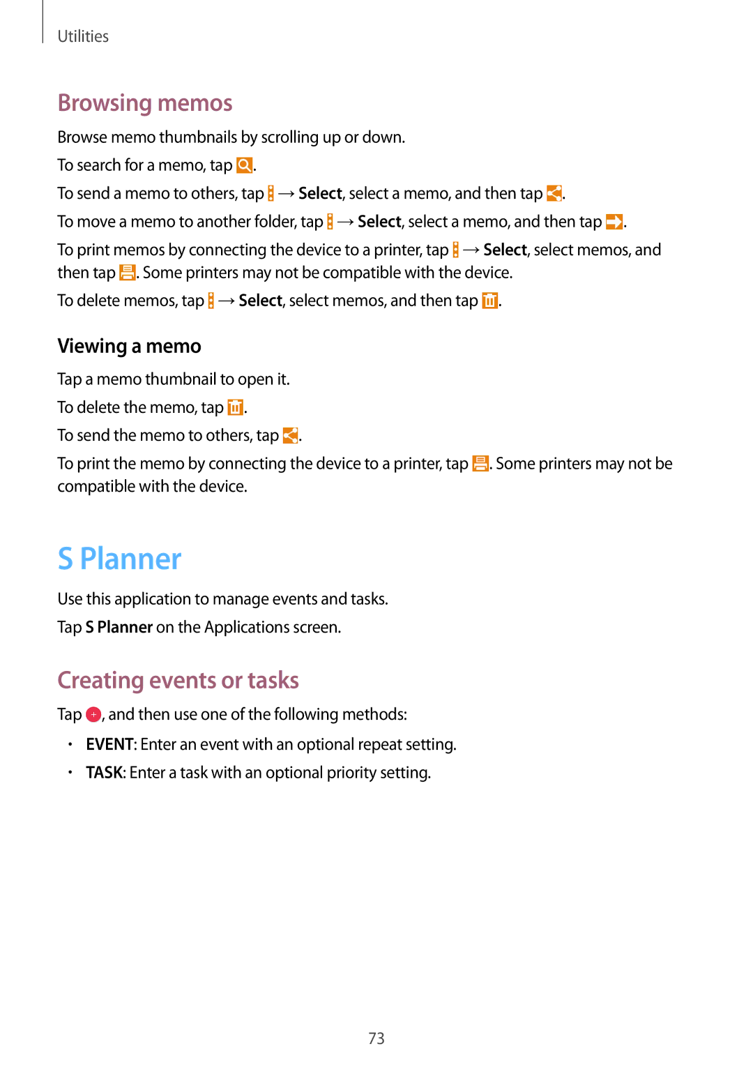 Samsung SM-T360NNGAITV, SM-T360NNGAXEF, SM-T360NNGAPHE Planner, Browsing memos, Creating events or tasks, Viewing a memo 