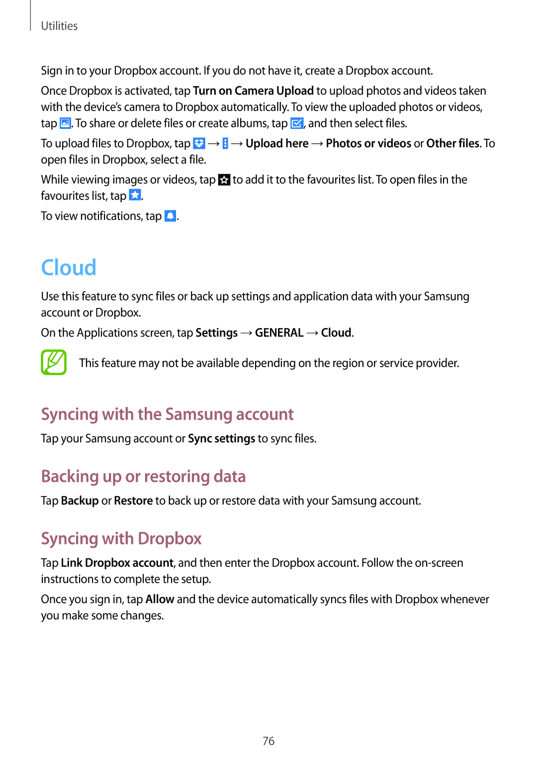 Samsung SM-T360NNGAXSK manual Cloud, Syncing with the Samsung account, Backing up or restoring data, Syncing with Dropbox 