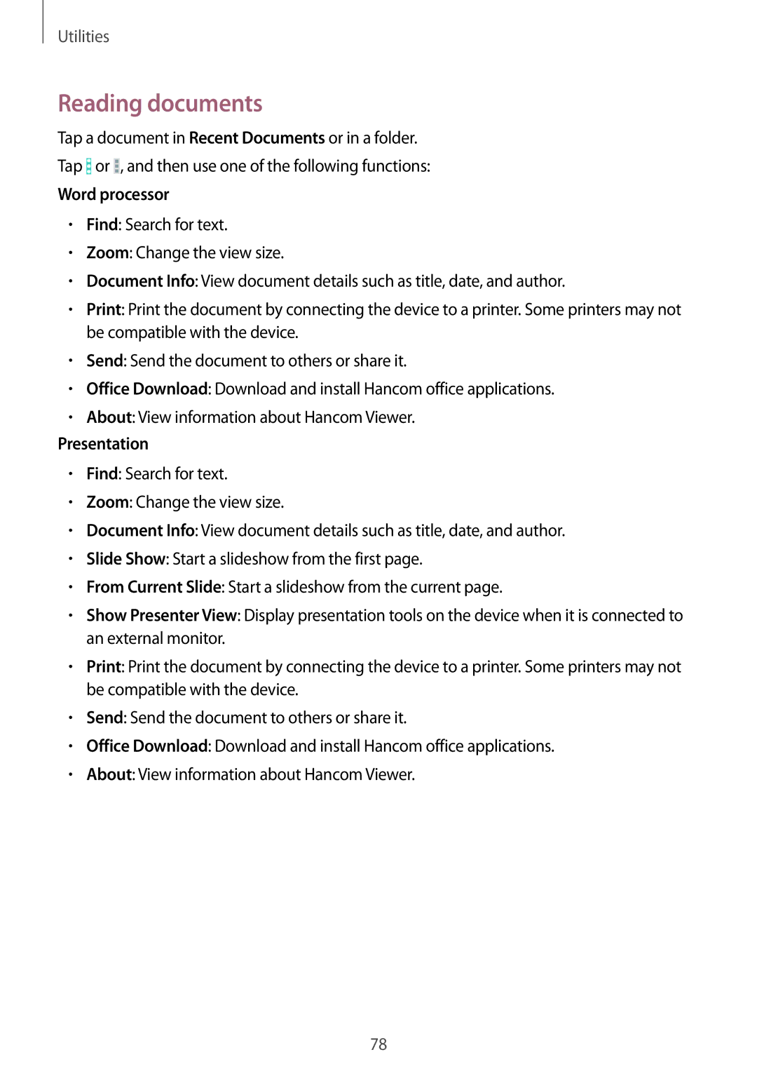 Samsung SM-T360NNGANEE, SM-T360NNGAXEF, SM-T360NNGAITV, SM-T360NNGAPHE, SM-T360NNGATPH manual Reading documents, Word processor 