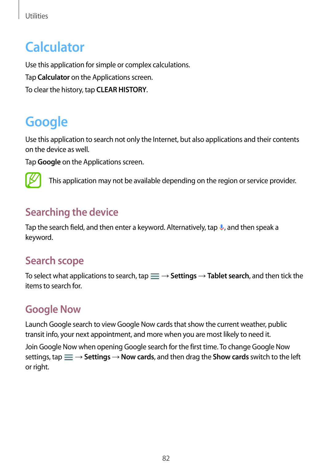 Samsung SM-T360NNGAITV, SM-T360NNGAXEF, SM-T360NNGAPHE manual Calculator, Searching the device, Search scope, Google Now 