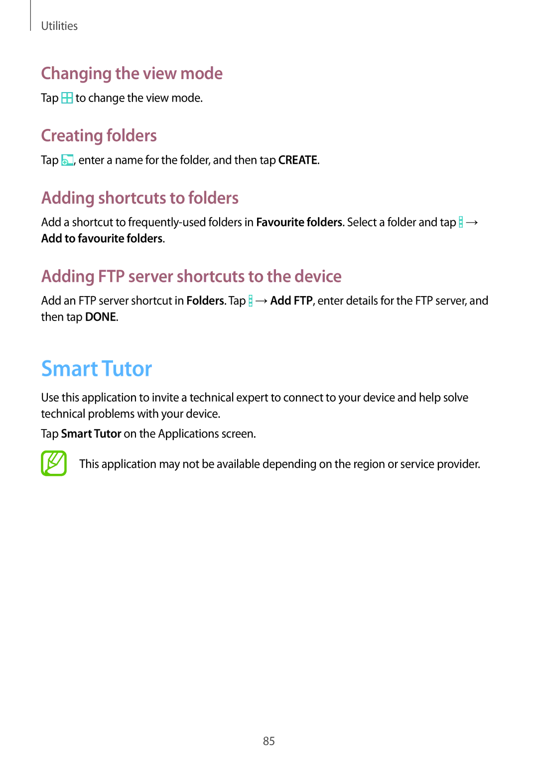 Samsung SM-T360NNGAXSK, SM-T360NNGAXEF Smart Tutor, Changing the view mode, Creating folders, Adding shortcuts to folders 