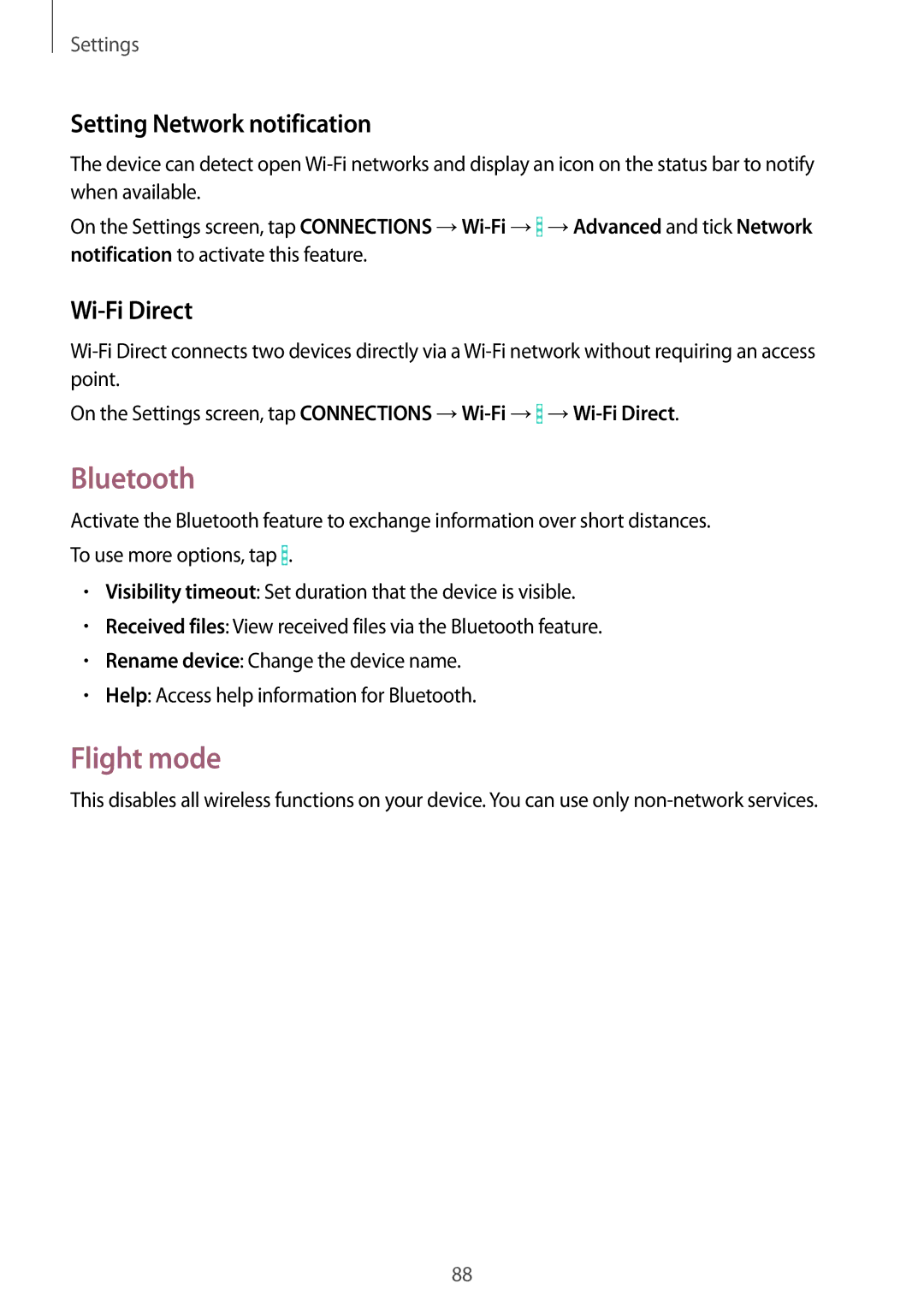 Samsung SM-T360NNGASEB, SM-T360NNGAXEF, SM-T360NNGAITV Bluetooth, Flight mode, Setting Network notification, Wi-Fi Direct 