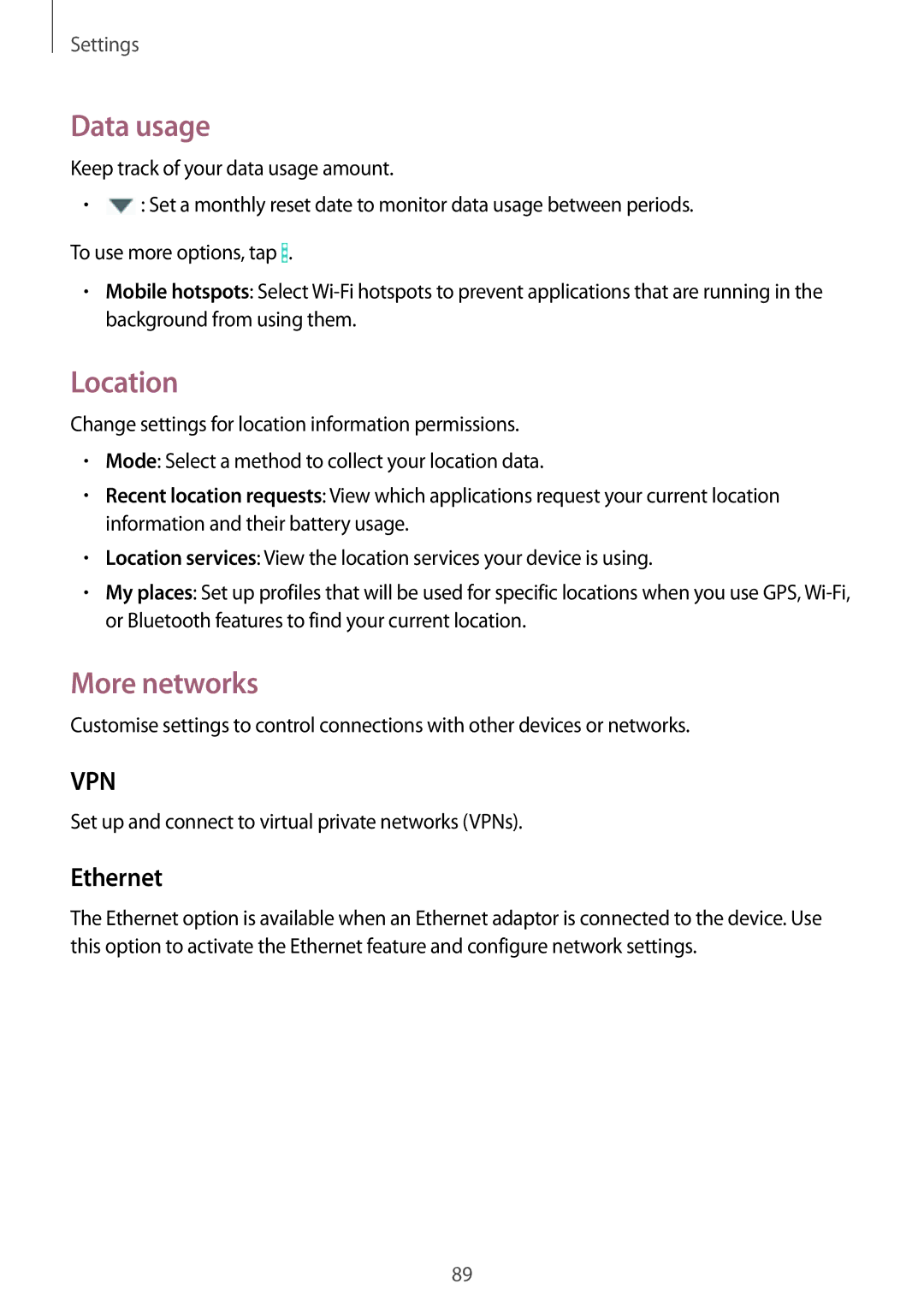 Samsung SM-T360NNGASER, SM-T360NNGAXEF, SM-T360NNGAITV, SM-T360NNGAPHE manual Data usage, Location, More networks, Ethernet 