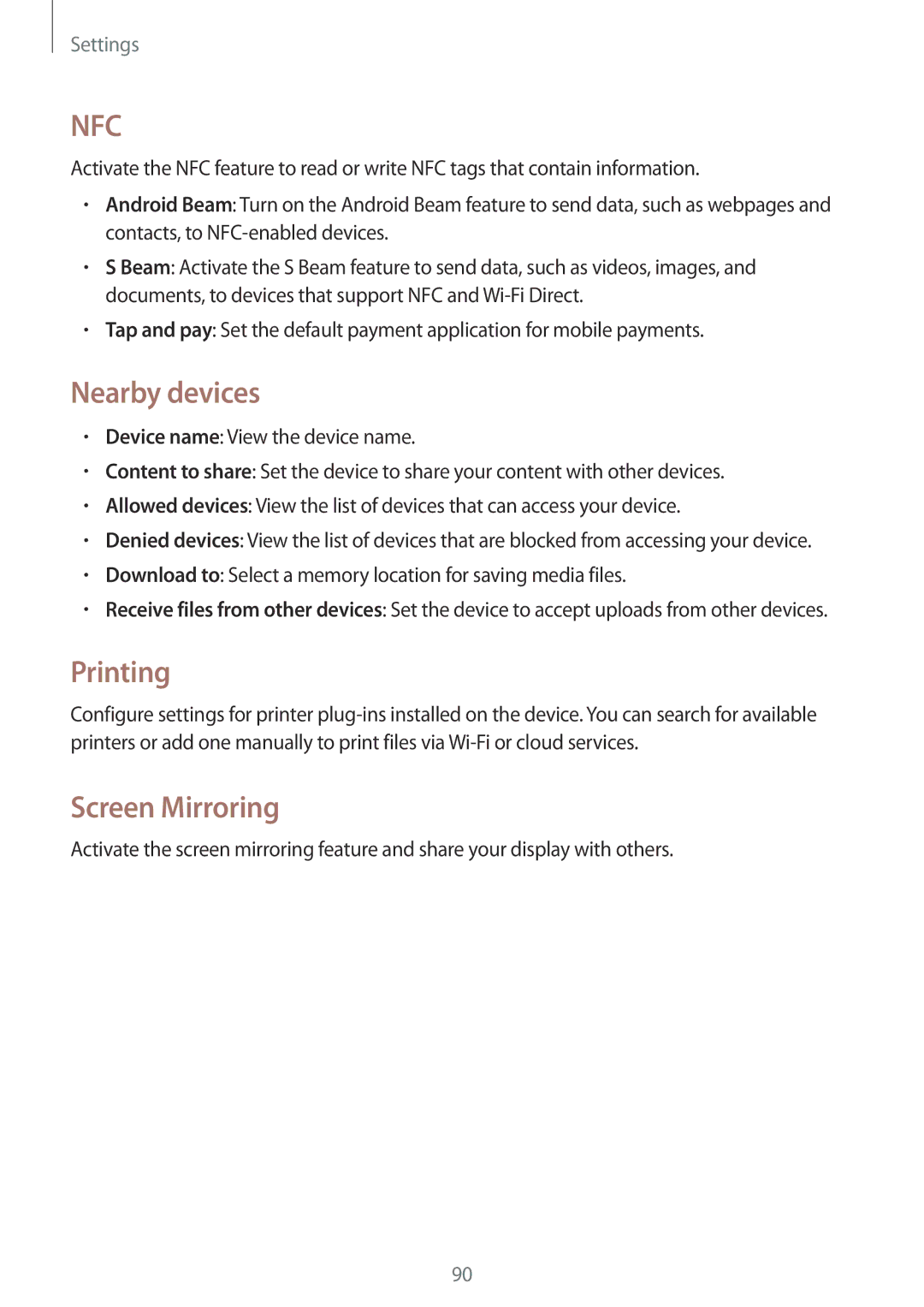 Samsung SM-T360NNGAXEF, SM-T360NNGAITV, SM-T360NNGAPHE, SM-T360NNGATPH manual Nearby devices, Printing, Screen Mirroring 