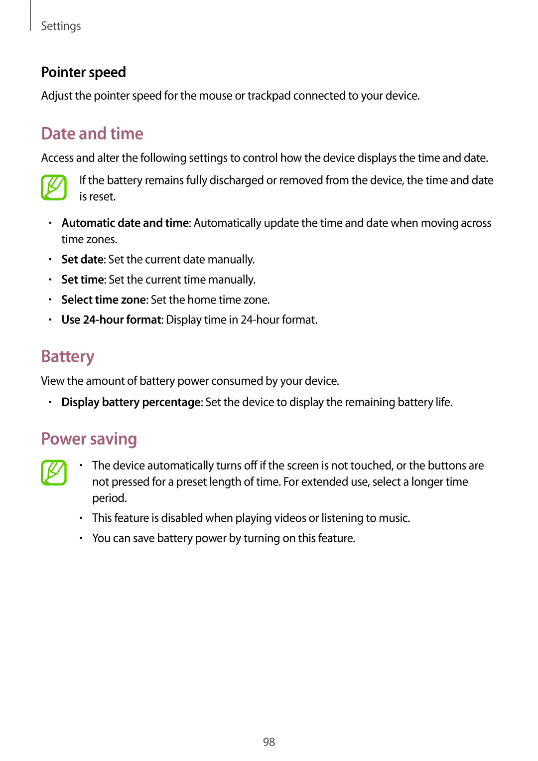 Samsung SM-T360NNGASER, SM-T360NNGAXEF, SM-T360NNGAITV, SM-T360NNGAPHE Date and time, Battery, Power saving, Pointer speed 