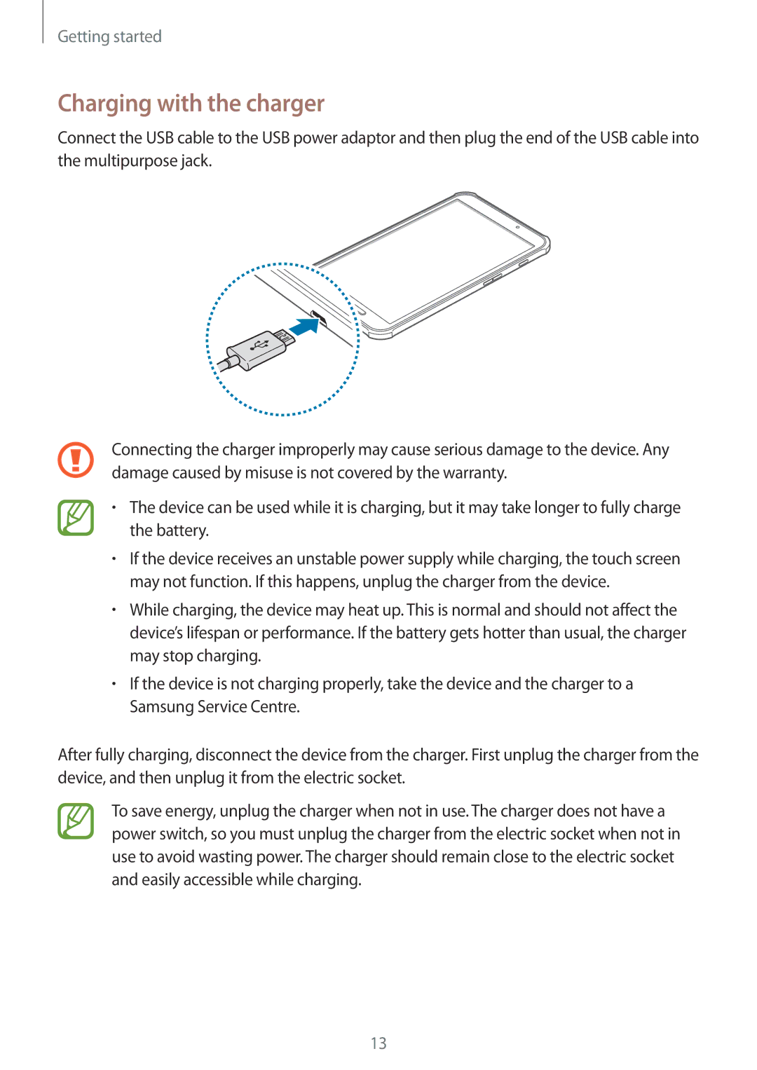 Samsung SM-T360NNGAXSK, SM-T360NNGAXEF, SM-T360NNGAITV, SM-T360NNGAPHE, SM-T360NNGATPH manual Charging with the charger 