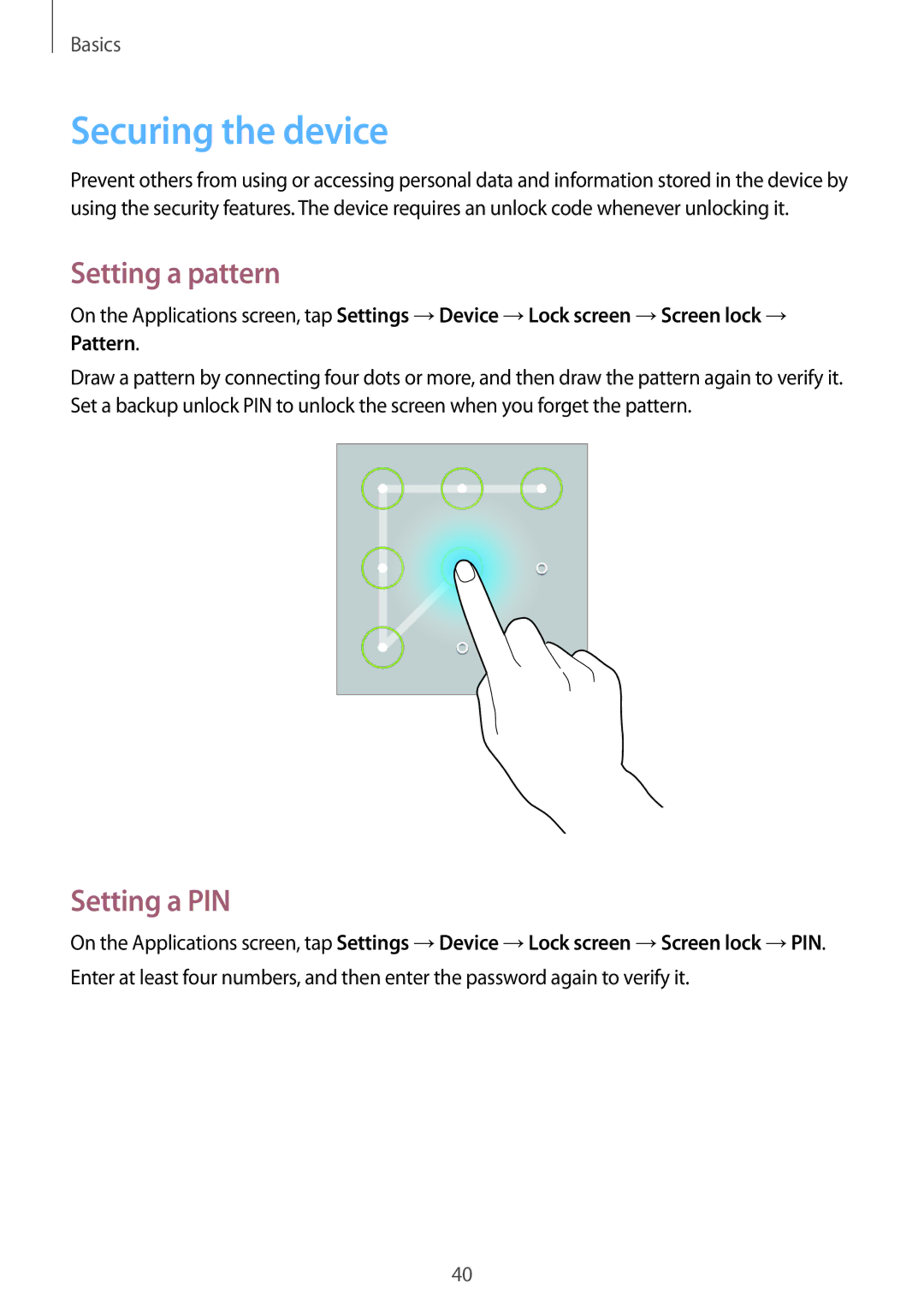 Samsung SM-T360NNGAXSK, SM-T360NNGAXEF, SM-T360NNGAITV, SM-T360NNGAPHE Securing the device, Setting a pattern, Setting a PIN 