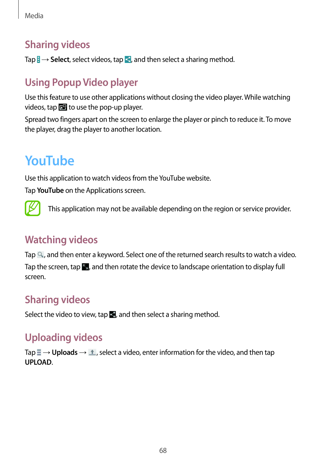 Samsung SM-T360NNGAXEZ manual YouTube, Sharing videos, Using Popup Video player, Watching videos, Uploading videos 