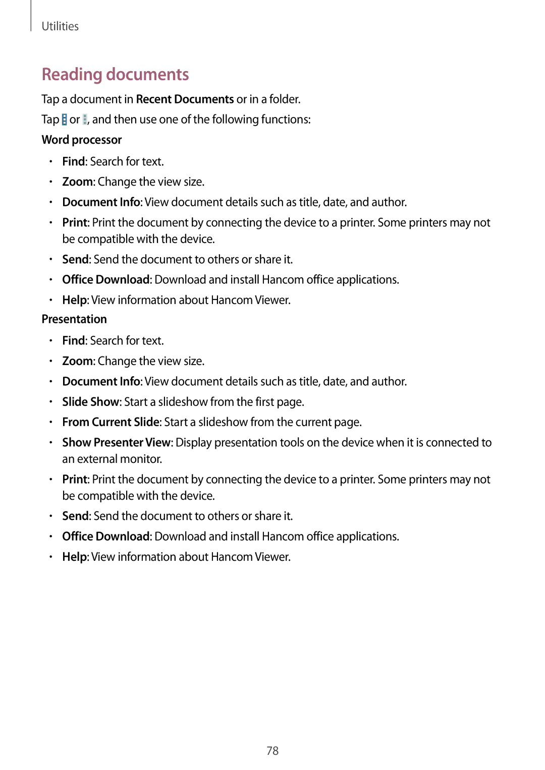 Samsung SM-T360NNGANEE, SM-T360NNGAXEF, SM-T360NNGAITV, SM-T360NNGAPHE manual Reading documents, Word processor, Presentation 