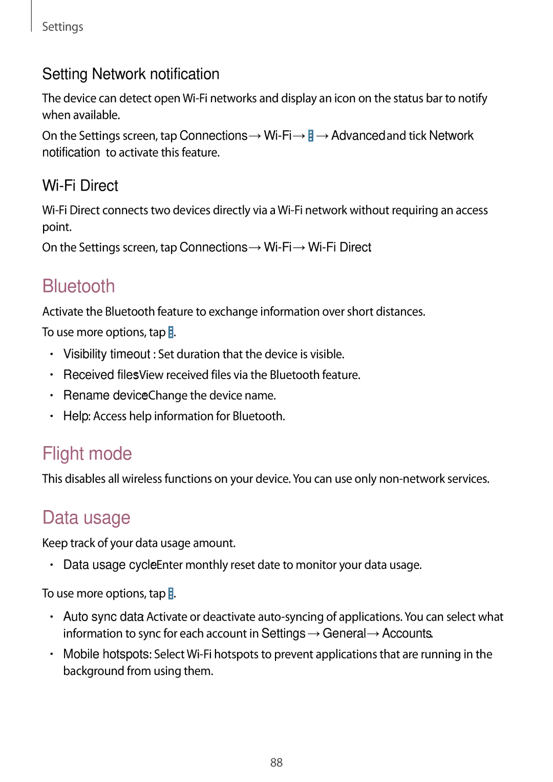 Samsung SM-T360NNGASEB, SM-T360NNGAXEF manual Bluetooth, Flight mode, Data usage, Setting Network notification, Wi-Fi Direct 