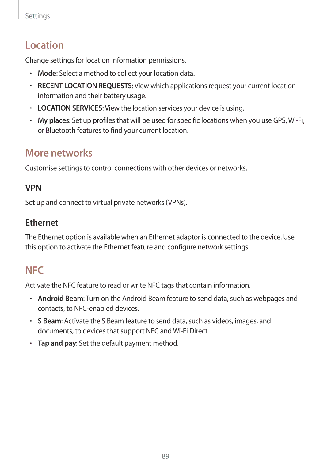 Samsung SM-T360NNGASER, SM-T360NNGAXEF, SM-T360NNGAITV, SM-T360NNGAPHE, SM-T360NNGATPH manual Location, More networks, Ethernet 