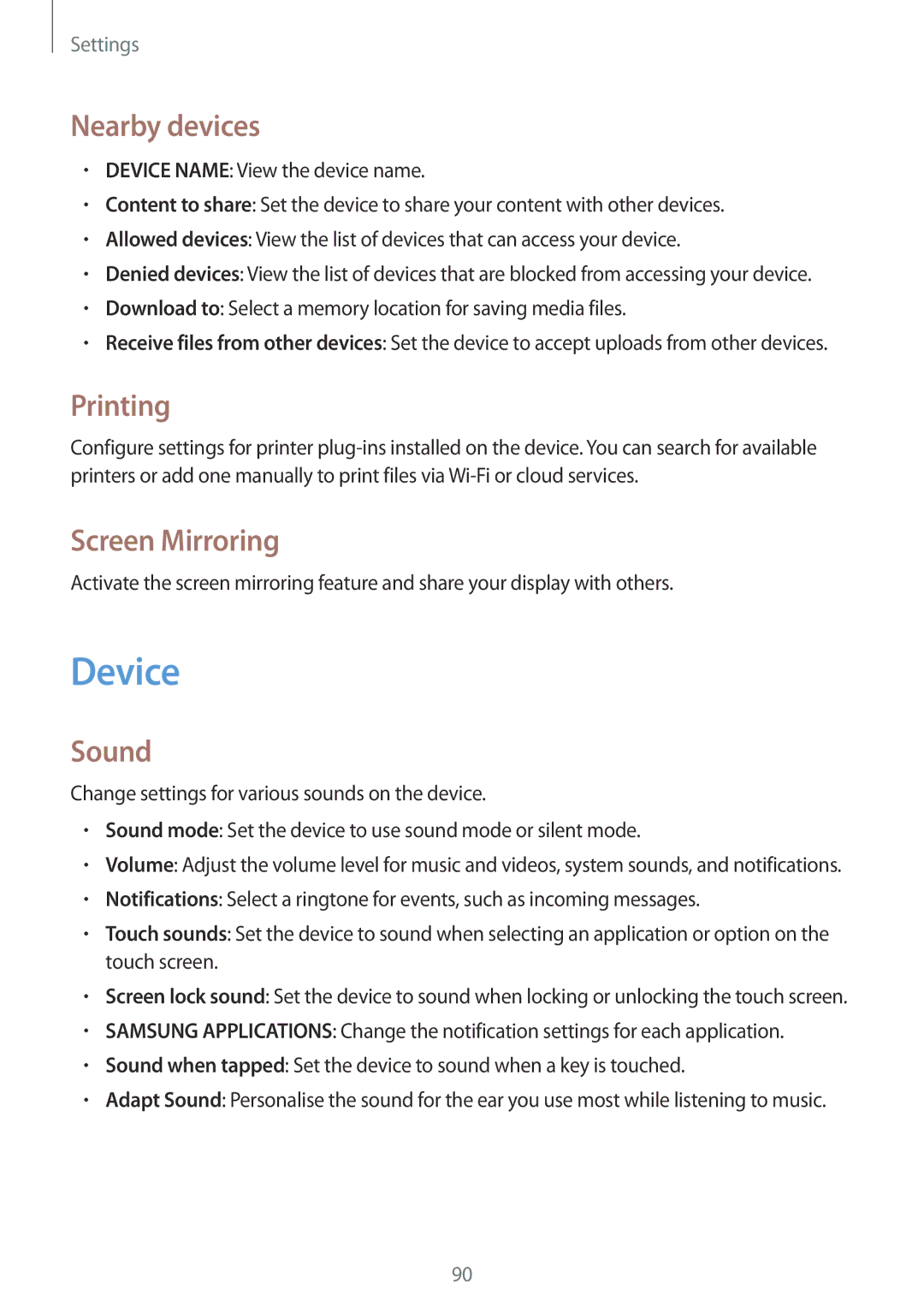 Samsung SM-T360NNGAXEF, SM-T360NNGAITV, SM-T360NNGAPHE manual Device, Nearby devices, Printing, Screen Mirroring, Sound 