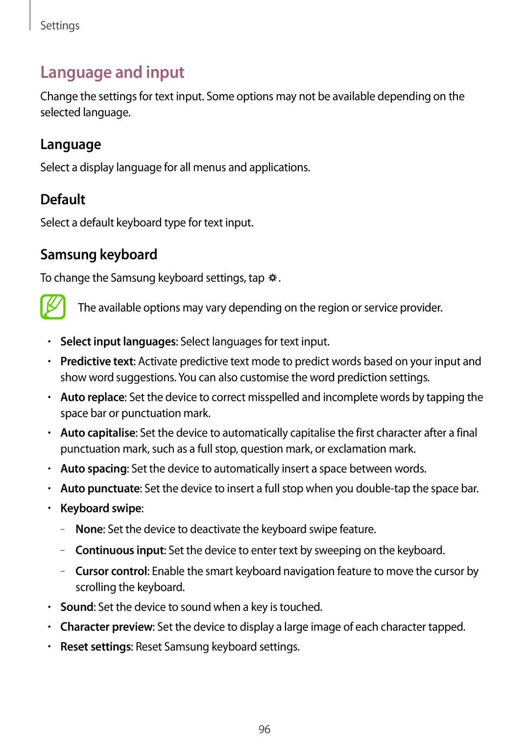 Samsung SM-T360NNGANEE, SM-T360NNGAXEF, SM-T360NNGAITV manual Language and input, Default, Samsung keyboard, Keyboard swipe 