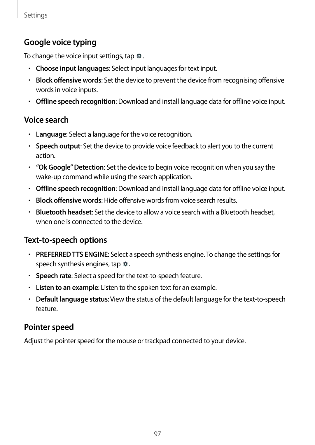 Samsung SM-T360NNGASEB, SM-T360NNGAXEF manual Google voice typing, Voice search, Text-to-speech options, Pointer speed 