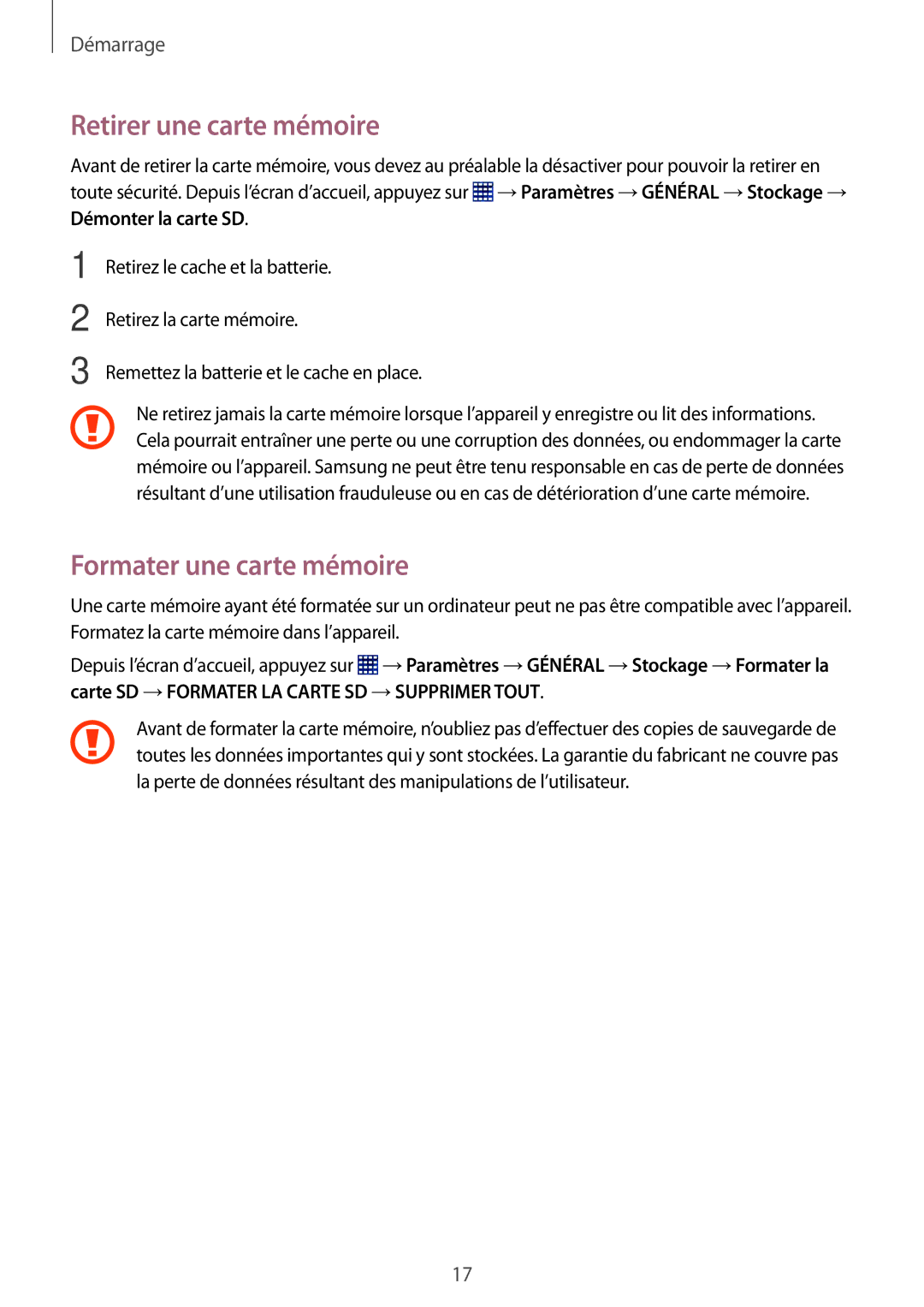 Samsung SM-T360NNGAXEF manual Retirer une carte mémoire, Formater une carte mémoire 