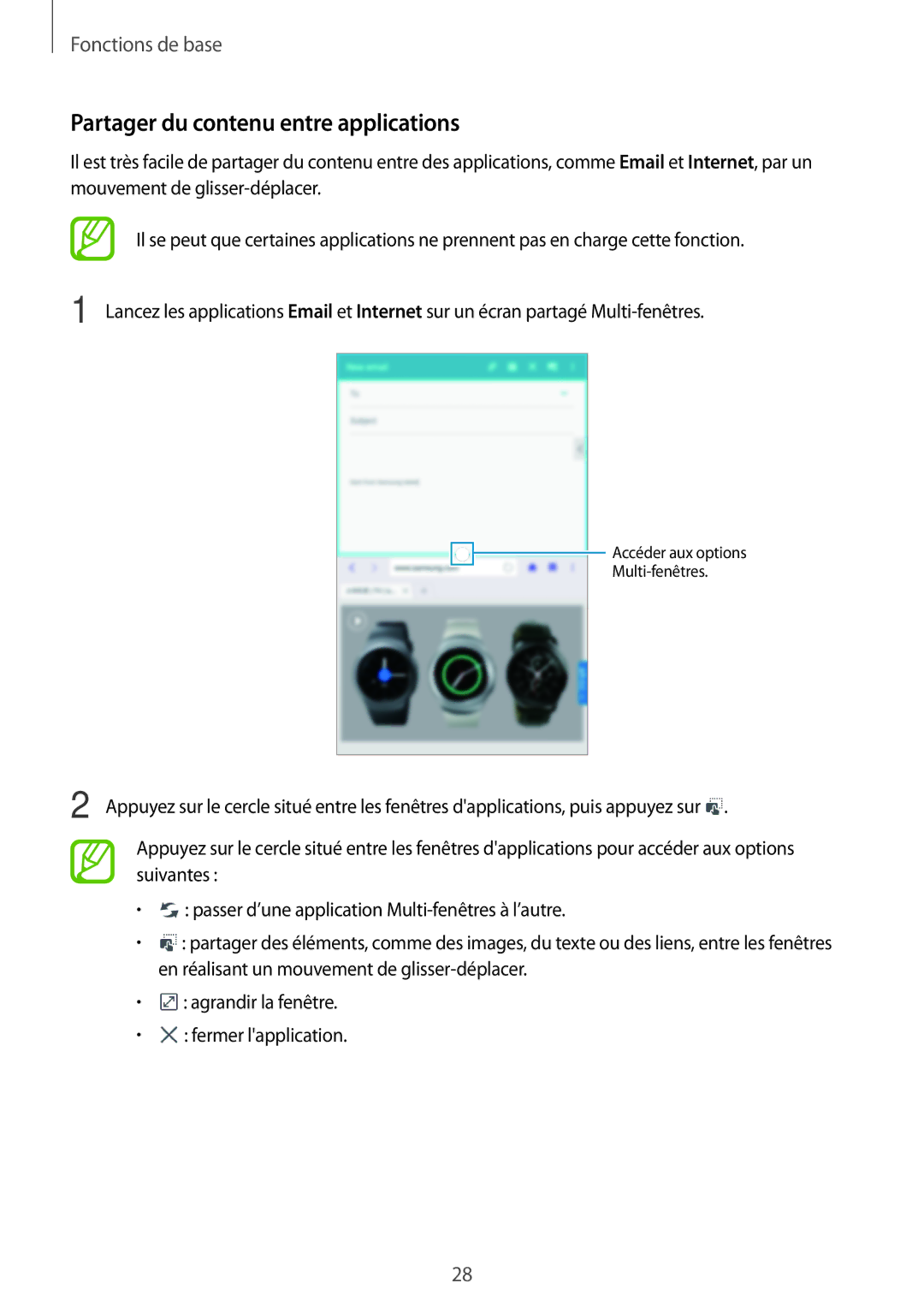 Samsung SM-T360NNGAXEF manual Partager du contenu entre applications 