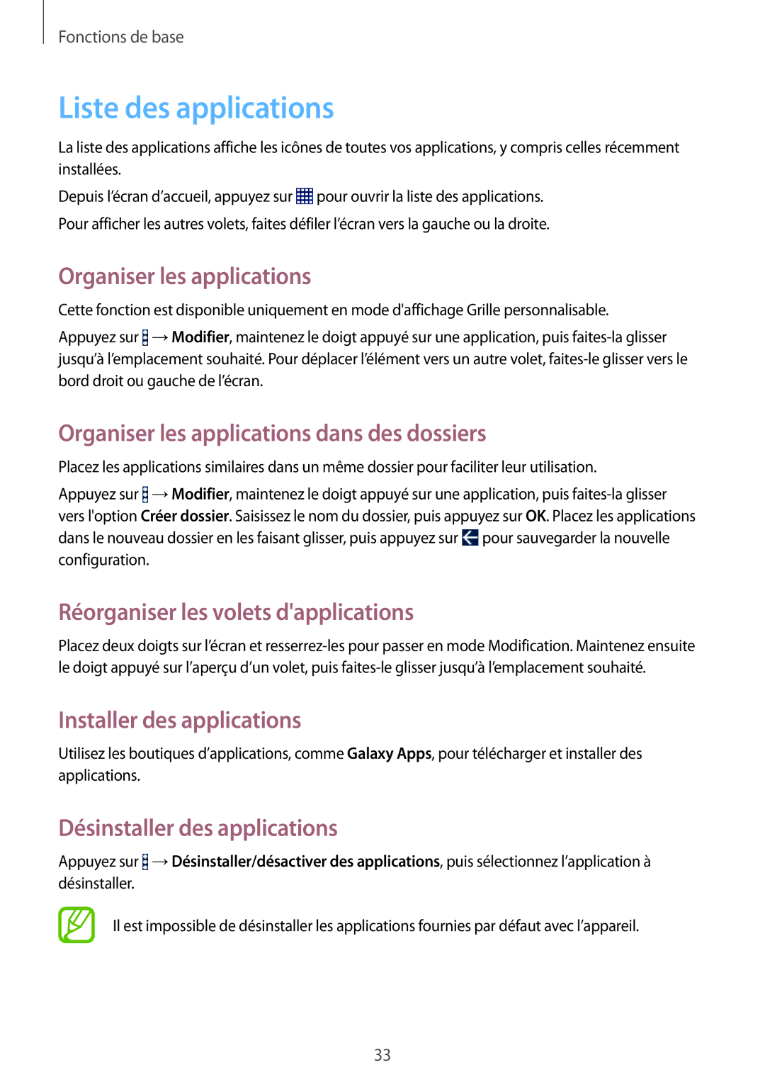 Samsung SM-T360NNGAXEF manual Liste des applications, Organiser les applications dans des dossiers 