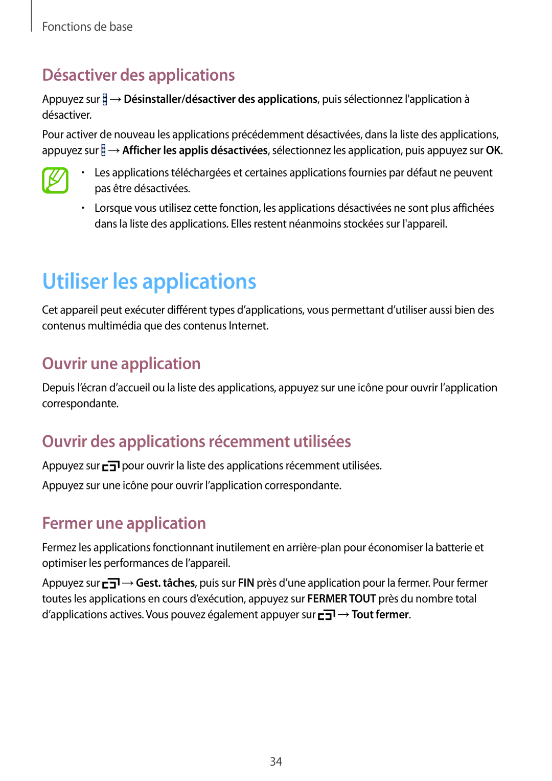 Samsung SM-T360NNGAXEF manual Utiliser les applications, Désactiver des applications, Ouvrir une application 