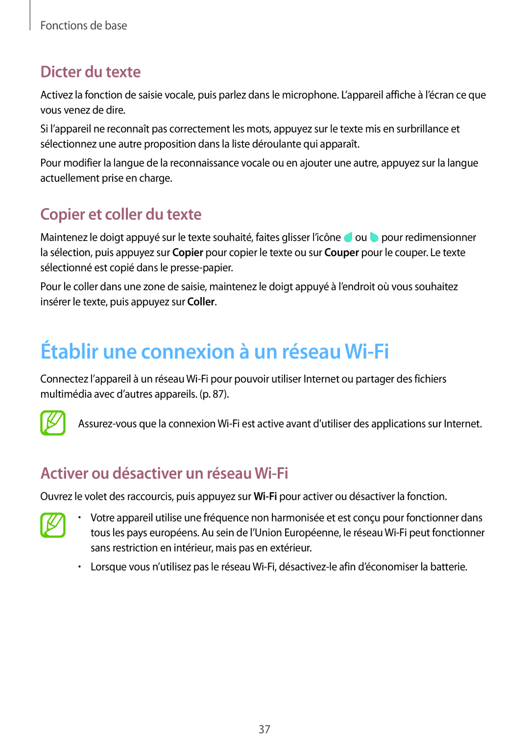 Samsung SM-T360NNGAXEF manual Établir une connexion à un réseau Wi-Fi, Dicter du texte, Copier et coller du texte 