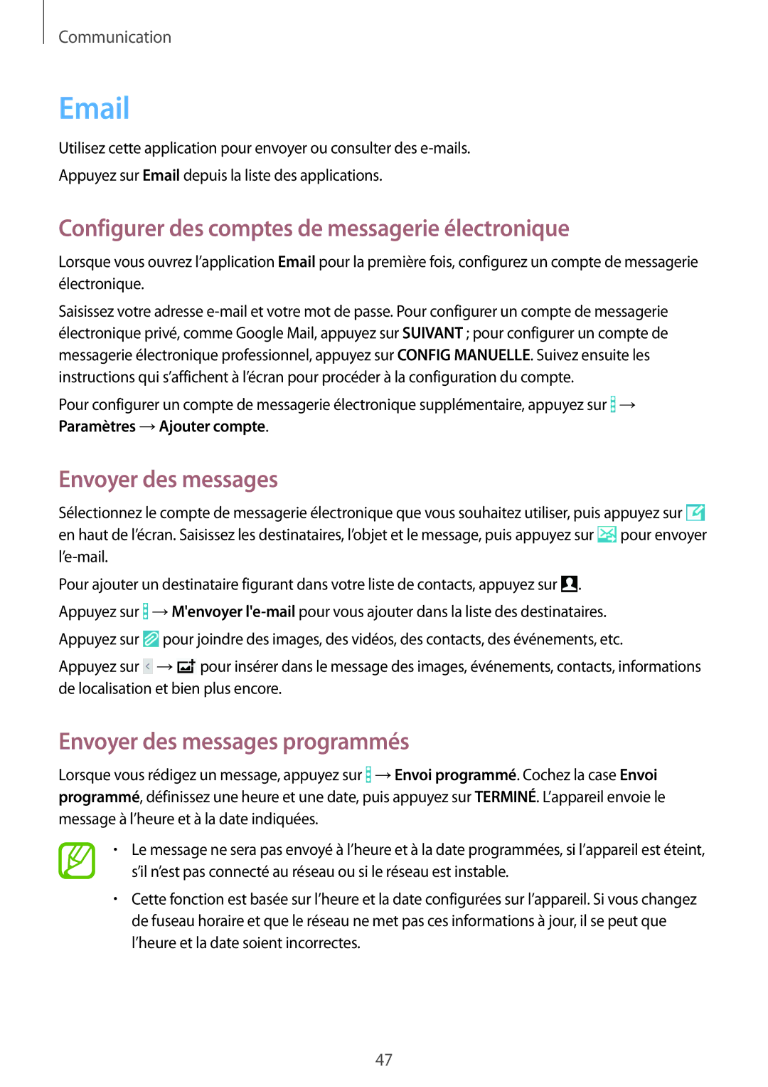 Samsung SM-T360NNGAXEF manual Configurer des comptes de messagerie électronique, Envoyer des messages 