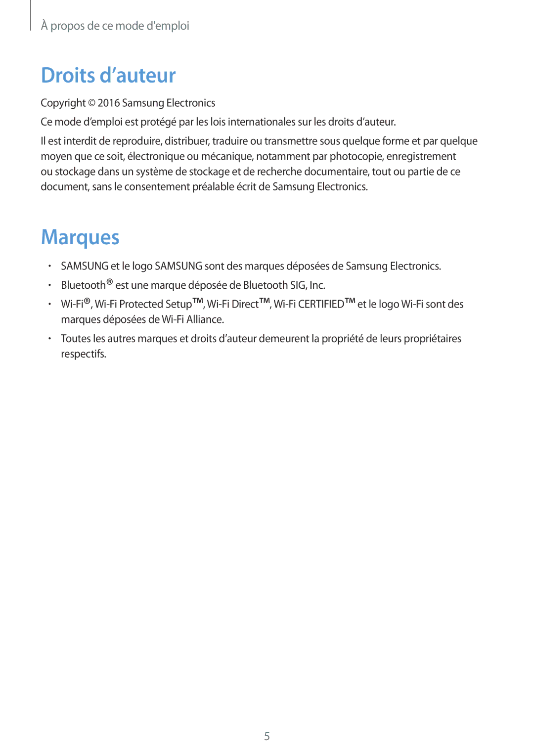 Samsung SM-T360NNGAXEF manual Droits d’auteur, Marques 