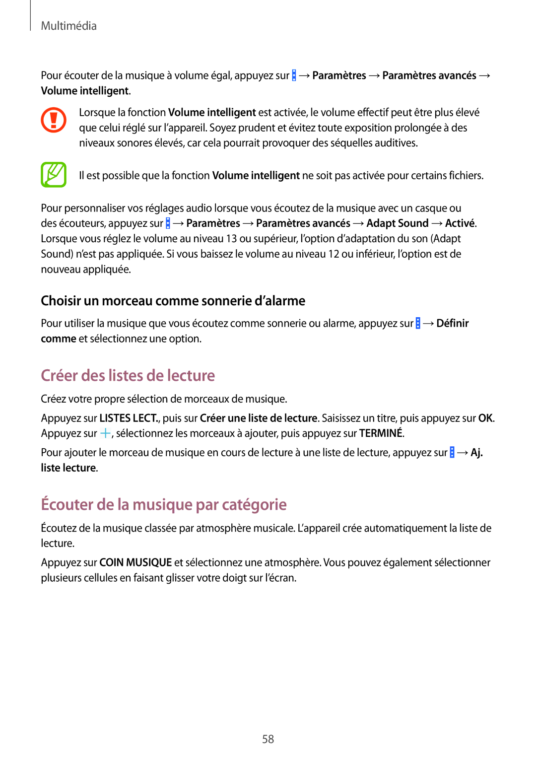 Samsung SM-T360NNGAXEF manual Créer des listes de lecture, Écouter de la musique par catégorie 