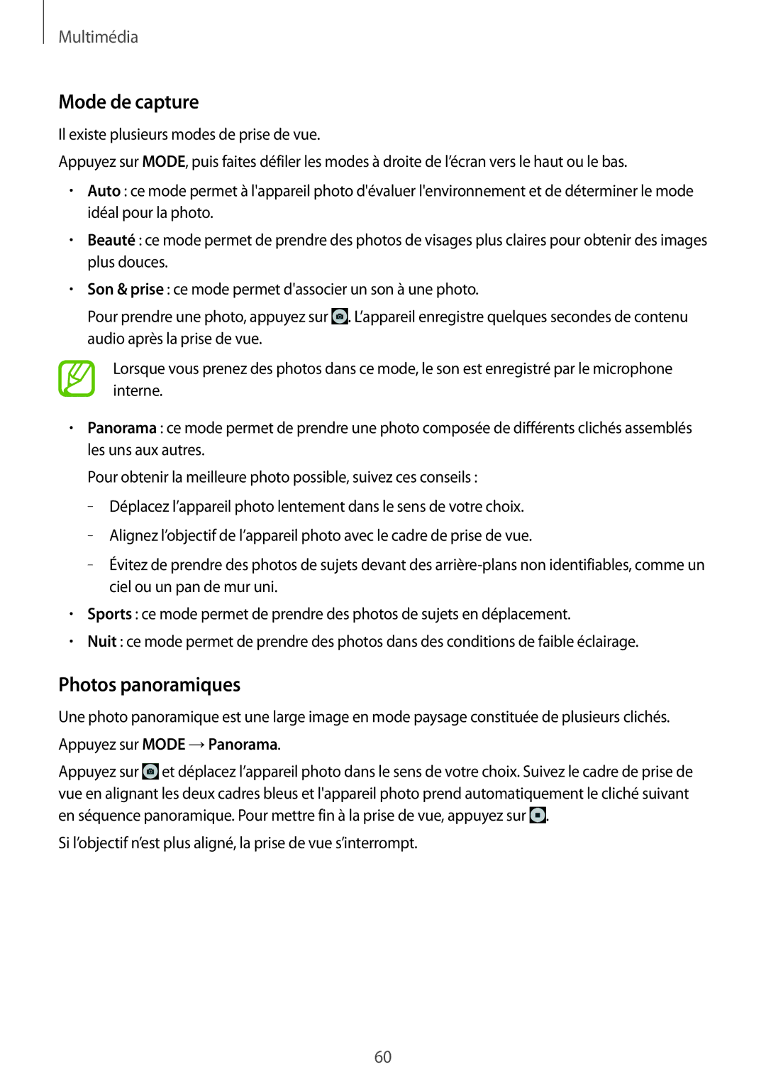 Samsung SM-T360NNGAXEF manual Mode de capture, Photos panoramiques 