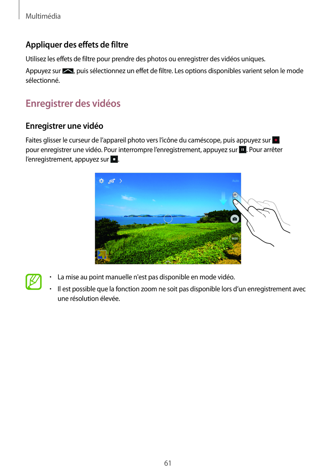 Samsung SM-T360NNGAXEF manual Enregistrer des vidéos, Appliquer des effets de filtre, Enregistrer une vidéo 