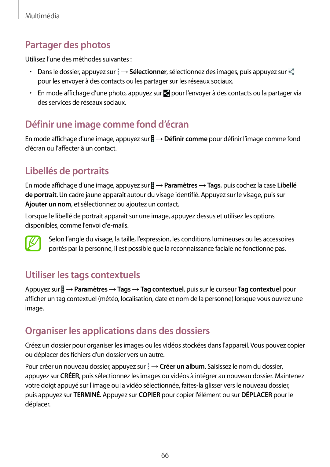 Samsung SM-T360NNGAXEF manual Partager des photos, Définir une image comme fond d’écran, Libellés de portraits 