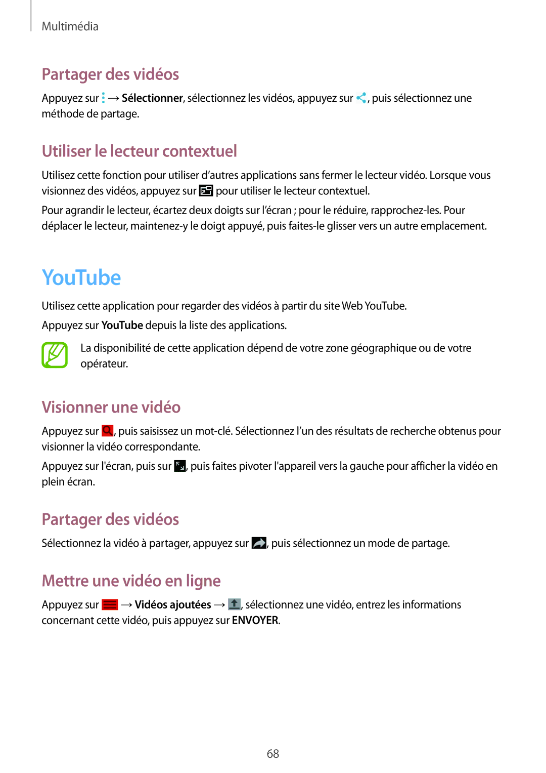 Samsung SM-T360NNGAXEF manual YouTube, Partager des vidéos, Utiliser le lecteur contextuel, Visionner une vidéo 