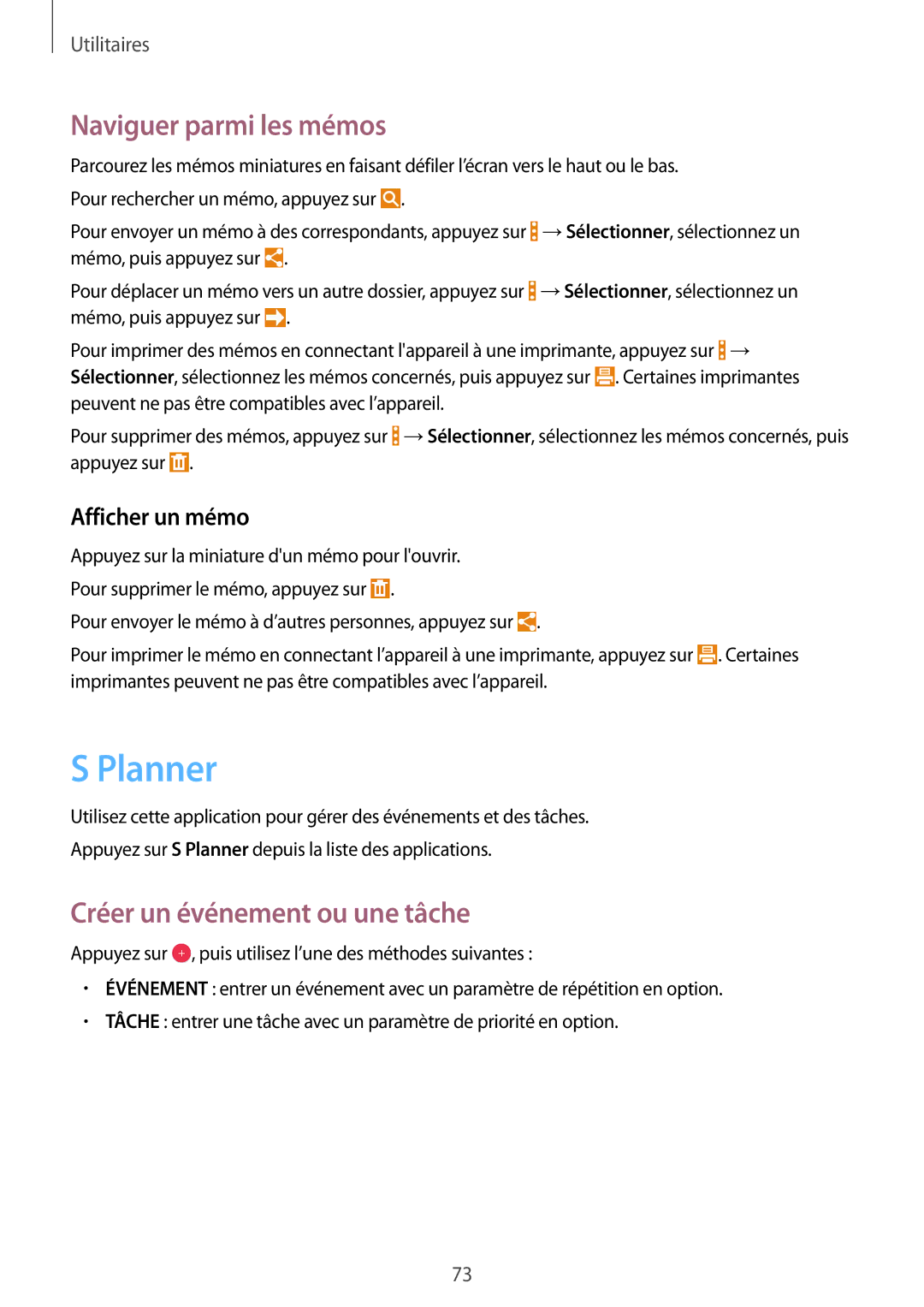 Samsung SM-T360NNGAXEF manual Planner, Naviguer parmi les mémos, Créer un événement ou une tâche, Afficher un mémo 