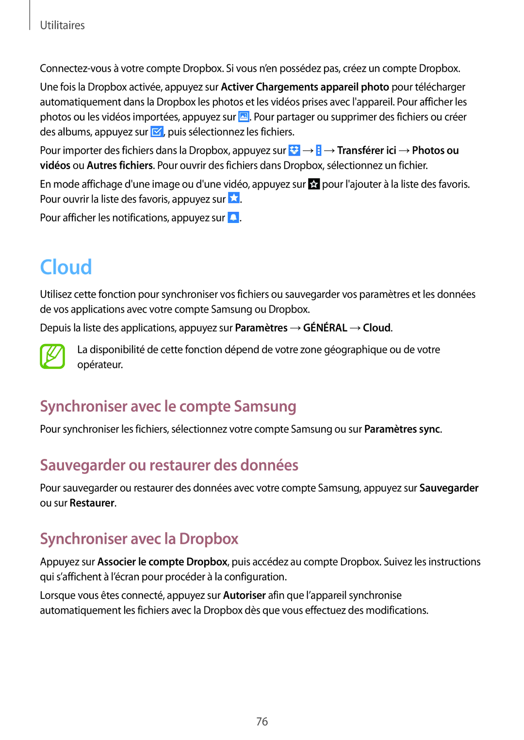 Samsung SM-T360NNGAXEF manual Cloud, Synchroniser avec le compte Samsung, Sauvegarder ou restaurer des données 