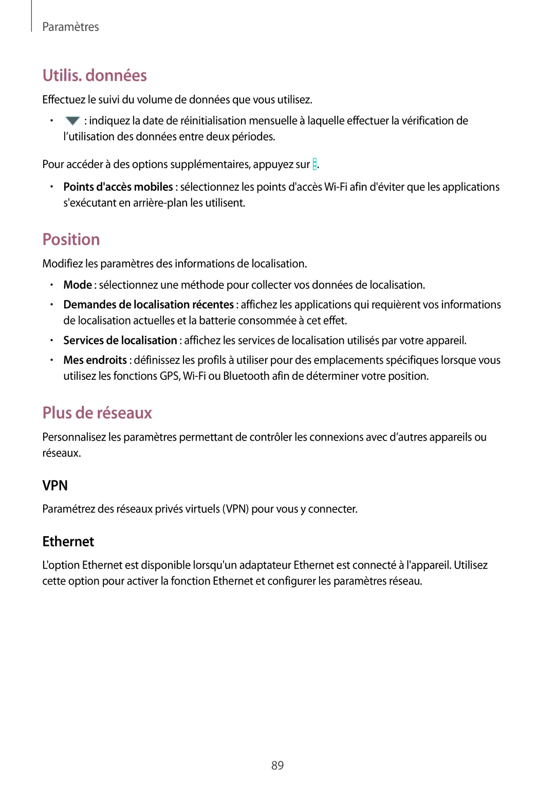 Samsung SM-T360NNGAXEF manual Utilis. données, Position, Plus de réseaux, Ethernet 